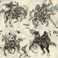 some drawings of knights on horses and riders