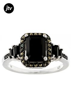 2.10ctw Round, Baguette and Rectangular Octagonal Black Spinel With 0.16ctw Round Gray Marcasite Rhodium Over Sterling Silver Ring. Measures Approximately 0.91"L x 0.91"W. Not Sizeable. Black Spinel, Sterling Silver Ring, Baguette, Silver Ring, Sterling Silver Rings, Silver Rings, Sterling Silver, Ring, Silver