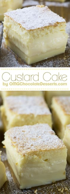 custard cake is cut into squares and placed on a baking sheet with powdered sugar