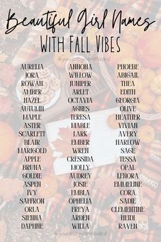 the beautiful girl names with fall vibes in black and white, surrounded by autumn leaves