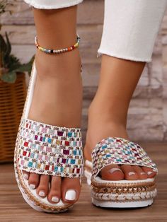 As an expert in the footwear industry, these Beige Woven Detail Sandals offer the perfect blend of style and comfort. With their unique woven design and neutral color, they will elevate any outfit. Plus, their comfortable fit will keep your feet happy all day long. Color : Multicolor Pattern Type : Geometric, Plain Toe : Open Toe Details : Buckle Upper Material : Polyester Lining Material : PU Leather Insole Material : PU Leather Outsole Material : EVA Size US Ball Girth Foot Length Heel Height Woven Design, Neutral Color, Neutral Colors, Open Toe, Pu Leather, Heel Height, Comfort Fit, Buckle, Sandals