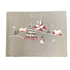 a placemat with a snowman and christmas tree on the front in grey linen