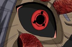 a close up of an eye with red and black circles on it's iris