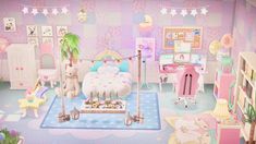 a doll house bedroom with pink furniture and decorations on the walls, including teddy bears