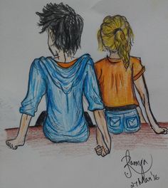 a drawing of two people sitting next to each other with their hands behind their backs