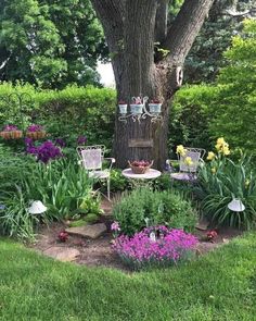 a garden with flowers and chairs under a tree in the middle of it's yard