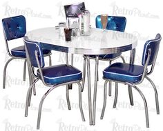 a white table with four blue chairs around it and a silver frame chair next to it