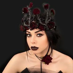 Gothic Nymph Tiara of Branches with burgundy roses handmade Fantasy Crown For Cosplay, Fantasy Crown Costume Accessories For Cosplay, Fantasy Crown For Costume Party, Fantasy Festival Headpiece With High Crown, Gothic High Crown Costume Hat For Cosplay, Fantasy Crown Costume Accessories For Costume Party, Fantasy High Crown Halloween Costume Accessories, Fantasy High Crown Costume Accessories For Halloween, Gothic Tall Crown For Costume