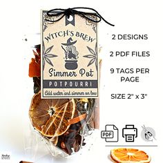 a bag of dried orange slices and cinnamon sticks with labels on the side for witch's brew summer potpouri