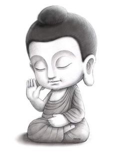 a drawing of a buddha sitting on the ground with his hands clasped to his face