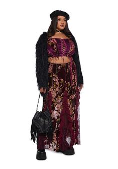 Velvet Lace Floral Print Maxi Skirt Current Mood - Burgundy – Dolls Kill Halloween Costume Boots, Current Mood Clothing, Floral Print Maxi Skirt, Booties Outfit, Lace Corset Top, Print Maxi Skirt, Burnout Velvet, Printed Maxi Skirts, Velvet Lace