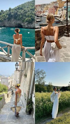 three pictures of women in white dresses and one is wearing a dress with an open back