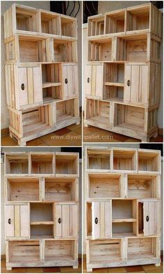 four different pictures of wooden shelves with doors and drawers on each side, one is open and the other closed