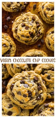 vegan chocolate chip cookies are stacked on top of each other and ready to be eaten