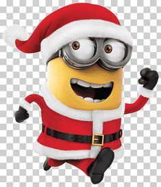 a cartoon minion wearing a santa hat and holding his arms up in the air