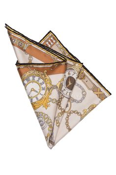 In the heart of Renaissance Italy, the Duke of Modena was known to wear a portable timepiece. Inspired by this rich heritage, our pocket square with its whimsical design captures the essence of these vintage treasures. Just like the Duke's watch, it adds a touch of history and elegance to your attire. Large size: Approx. 17.5 x 17.5". This is the correct size to allow for many folding styles and it will not slide down into your pocket. 100% silk twill: A soft, silky fabric traditionally used in Classic Gold Pocket Square As Gift, Gold Pocket Square, Square Scarf Tying, Like Clockwork, Formal Tie, Long Silk Scarf, Silk Pocket Square, Whimsical Design, Gold Silk