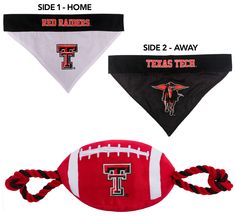 three bandanas with texas tech footballs on the front and side, one in black, one in red