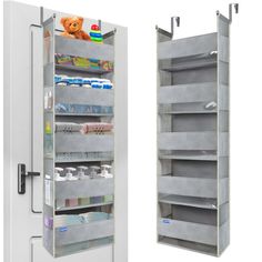 an open medicine cabinet next to a closed medicine cabinet with shelves on both sides and the door opened