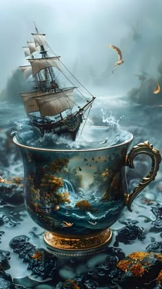 a painting of a tea cup with a ship in it