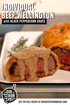 there is a plate with meat on it and the words, individual beef wellington with black pepperoni sauce