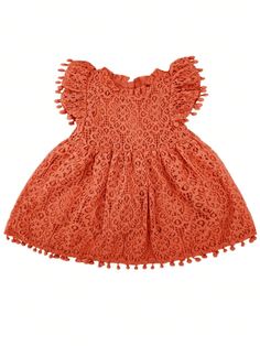 Baby Newborn Girl Flutter Sleeve Elegant Lace Pom Pom Dress Burnt Orange   Sleeveless  Plain Smock   Baby Girls Clothing, size features are:Bust: ,Length: ,Sleeve Length: Orange Baby Dress, Baby Girl Dresses Red, Baby Girl Maroon Dress, Yellow Baby Dress, Pom Pom Dress, Burnt Orange Dress, Newborn Girl, Burnt Orange, Flutter Sleeve