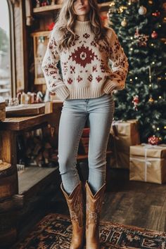 55+ Cowboy Boots Holiday Outfits That Spark Joy and Style - From The Guest Room Country Holiday Outfit, Cute Road Trip Outfits Winter, Winter Outfits With Cowboy Boots, Cowboy Christmas Outfit, Cowgirl Christmas Outfit, Cowboy Boots Casual Outfit, Country Christmas Outfits, Casual Cowboy Boots Outfit