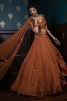 Shop for Parul Gandhi Label Orange Organza Embroidered Lehenga Set for Women Online at Aza Fashions Rust Orange Indian Outfit, Reception Bridesmaid Outfit Indian, Terracotta Lehenga, Best Friend Wedding Outfit, Lehenga For Dark Skin Tone, Onion Colour Lehenga, South Indian Dress Outfits, Party Wear Indian Dresses Receptions, Lehnga Designs Indian Weddings Simple