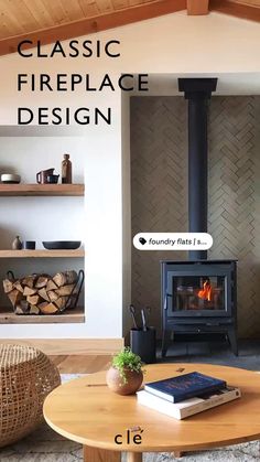 a living room with a wood burning stove