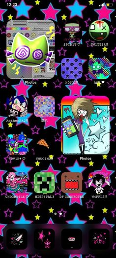 an iphone screen with various stickers on it and stars in the background, as well as