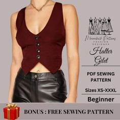 a woman wearing a red top and black leather skirt with the text, free sewing pattern