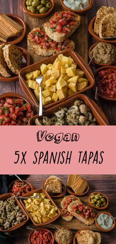 several different types of spanish tapas in wooden bowls on a table with text overlay