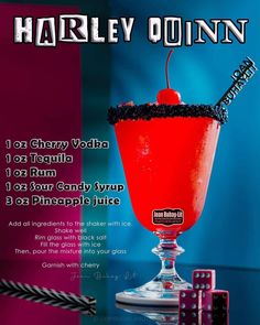 an advertisement for a drink with cherry vodka in the glass and two dices on the table