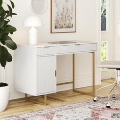 a white desk with a plant in front of it