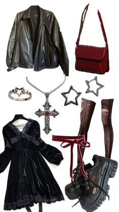 Chunky shoes, ripped tights, goth, star, choker, leather jacket, vampy outfit, whimsigoth outfit Vampy Outfit, Ripped Tights, Star Choker, Academia Outfits, Chunky Shoes, Leather Jacket Outfits, Retro Outfits