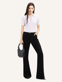 Signature five-pocket denim bootcut pants. Embroidered AC logo on back pocket. The model is 1.75m tall and wears a size 26. Professional Flare Denim Jeans For Work, Elegant Flare Denim Jeans For Workwear, Elegant Wide-leg Jeans With Five Pockets, High Rise Denim Bottoms For Business Casual, Elegant Wide Leg Jeans With Five Pockets, Trendy Mid-rise Jeans For Business Casual, Business Casual High Rise Jeans With Pockets, Elegant Flare Jeans For Workwear, Elegant High-waisted Denim Pants