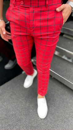 Tartan Plaid Pants, Plaid Pants Outfit, Black Pinstripe Suit, African Wear Styles For Men, Plaid Dress Pants, Formal Men Outfit, Red Plaid Dress, White Dress Shoes, African Clothing For Men