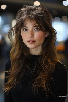 Haircuts For Long Hair With Bangs And Layers, Long Brown Hair Wispy Bangs, Wispy Bangs On Long Face, Bangs Black Hair Long, Long Hair With Bottleneck Bangs, Fairy Kissed Hair, Full Bangs Medium Hair, Super Wispy Curtain Bangs, Long Hair Wispy Curtain Bangs