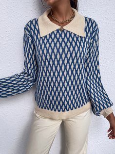 Blue and White Casual  Long Sleeve Acrylic Geometric Pullovers  Slight Stretch Spring/Fall Women Knitwear Church Outfit Fall, Lantern Sleeve Sweater, Plaid Pullover, Shiny Pants, Style Français, Womens Turtleneck, Church Outfits, Loose Outfit, Collar Sweater