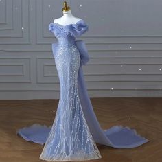 Lasaky - Blue Mist Embellished Evening Gown with Fish Tail and Beaded Neckline for a Sophisticated Runway Look Catwalk Dress, Mermaid Formal Gowns, Mermaid Gown Prom, Beaded Mermaid, Marine Uniform, Beaded Neckline, Mermaid Skirt, Glam Dresses, Sequin Beading