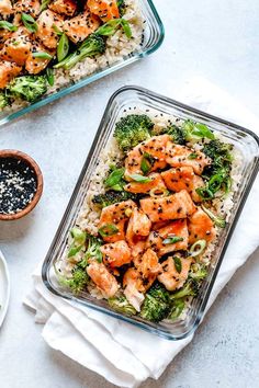 two glass casseroles filled with chicken and broccoli on top of rice