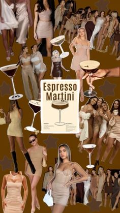 a collage of women in dresses and wine glasses with the words espresso martini