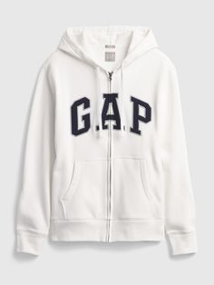 Soft knit.  These hoodie is made with 9% recycled polyester.  Less waste in the world.  More great clothes for you.  Long sleeves.  Hooded neckline with drawcords.  Zipper-front closure.  Gap arch logo applique at front. Gap Hoodie, Arch Logo, Arch, Gap, Relaxed Fit, Zipper, White