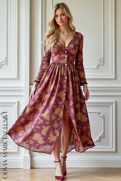 Olivia Mark - Elegant Burgundy Floral Midi Dress with Deep V-neckline and Button Details Skirt And Thigh Highs, Rich Burgundy, Burgundy Floral, Flowing Skirt, Floral Midi Dress, Cinched Waist, Plunging Neckline, Thigh High, Olivia Mark