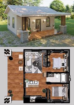 the floor plan for a small cabin with an attached porch and living room in it