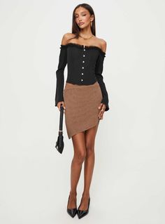 Bronwen Asymmetrical Mini Skirt Brown Asymmetrical Mini Skirt, Metallic Yarn, Fleece Dress, Outerwear Outfit, Loungewear Sets, Skirts Online, Curve Dresses, Tops Fall, Casual Tank Tops