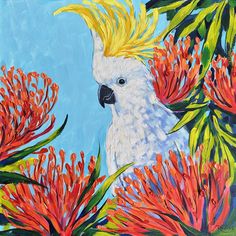 a painting of a white cockatoo surrounded by red and yellow flowers on a blue background