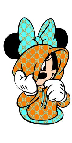 mickey mouse in an orange and blue outfit with a bow on it's head