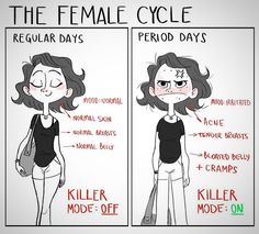 a comic strip with an image of a woman's face and the words, the female cycle regular days period days