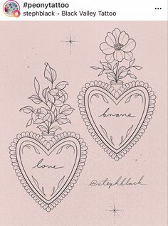 two hearts with flowers and the words love are drawn on them