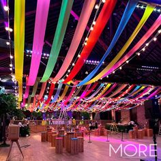 South American Event Theme Decor Carnival Lights Decoration, Streamers Across Ceiling, Colorful Event Design, Cool Things To Hang From The Ceiling, Ceiling Streamers Ideas, Ceiling Event Decor, Streamer Ceiling Decorations, Decorate Garage For Party, Streamers Decorations Ceiling